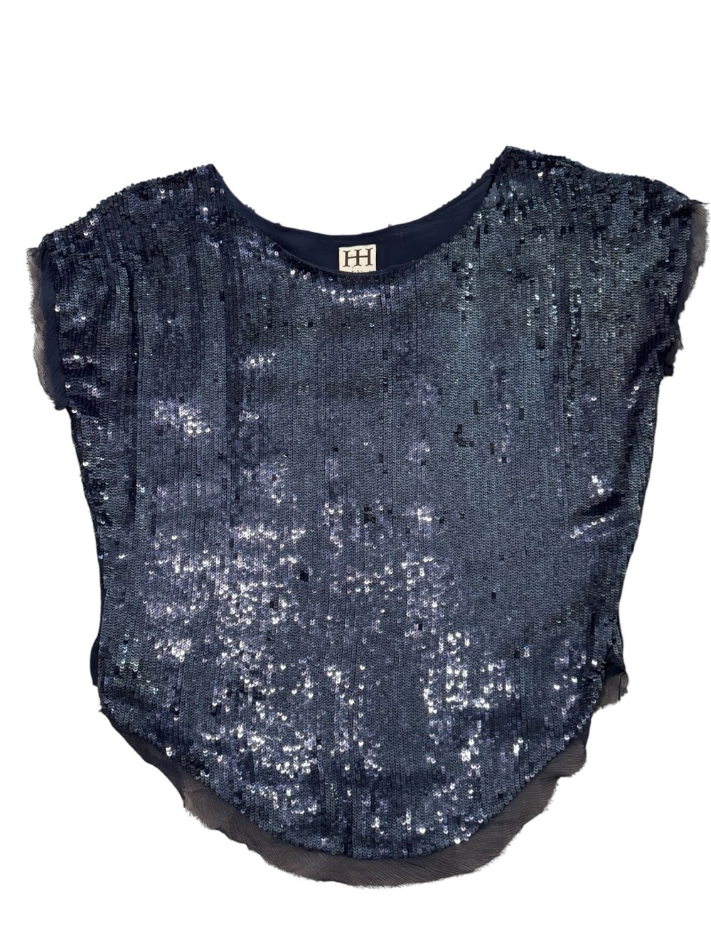 Haute Hippie Navy Boho Sequin Silk Top Draped Cap Sleeve Size M
